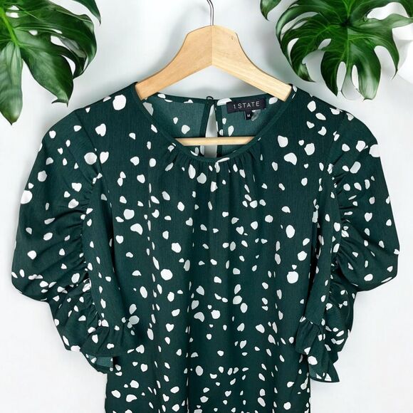 1.STATE Painted Dot Puff Sleeve Top in Forest Green - M | Medium - Picture 6 of 10